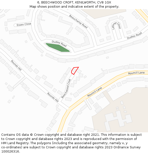 6, BEECHWOOD CROFT, KENILWORTH, CV8 1GX: Location map and indicative extent of plot