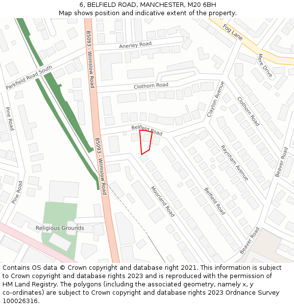 6, BELFIELD ROAD, MANCHESTER, M20 6BH: Location map and indicative extent of plot