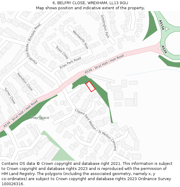 6, BELFRY CLOSE, WREXHAM, LL13 9GU: Location map and indicative extent of plot