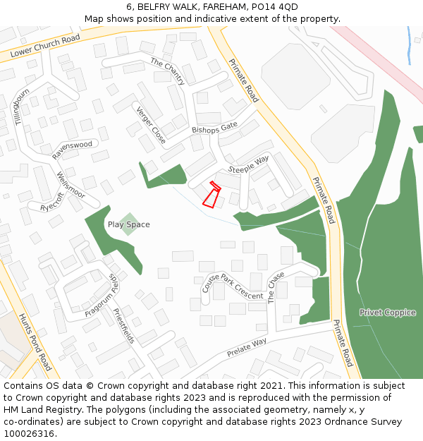 6, BELFRY WALK, FAREHAM, PO14 4QD: Location map and indicative extent of plot