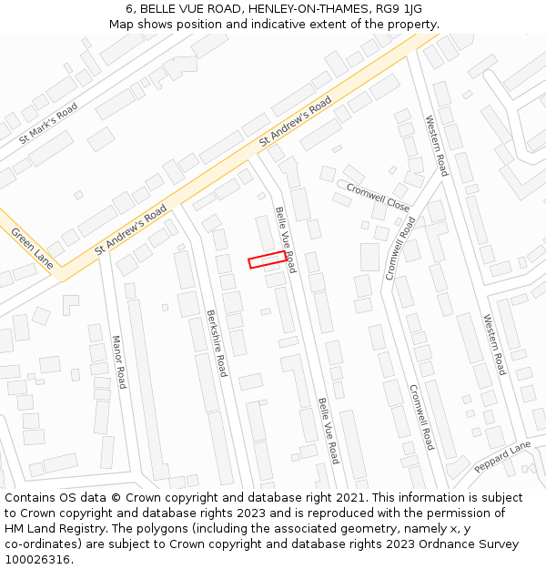 6, BELLE VUE ROAD, HENLEY-ON-THAMES, RG9 1JG: Location map and indicative extent of plot