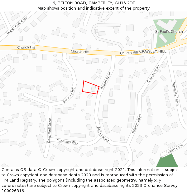 6, BELTON ROAD, CAMBERLEY, GU15 2DE: Location map and indicative extent of plot