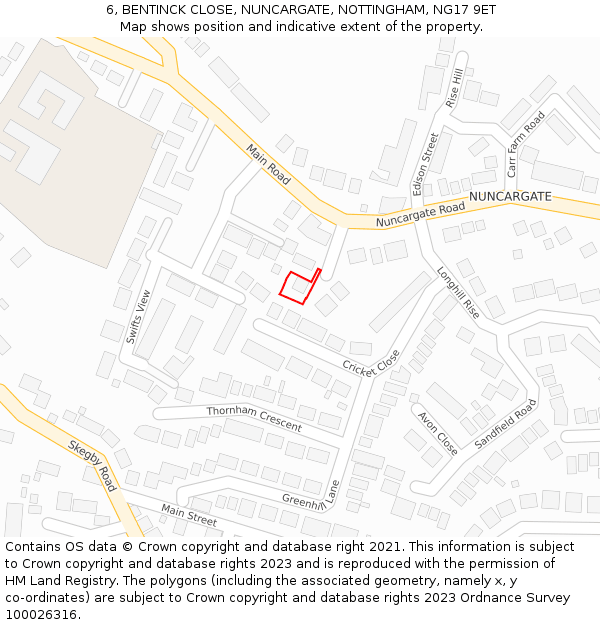 6, BENTINCK CLOSE, NUNCARGATE, NOTTINGHAM, NG17 9ET: Location map and indicative extent of plot