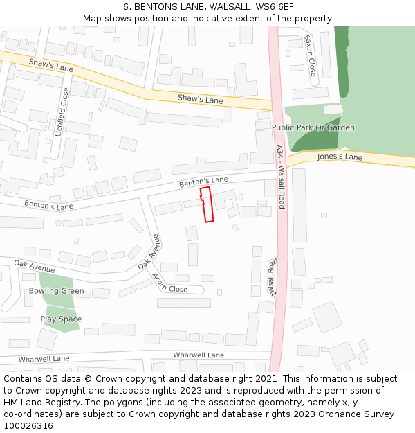 6, BENTONS LANE, WALSALL, WS6 6EF: Location map and indicative extent of plot