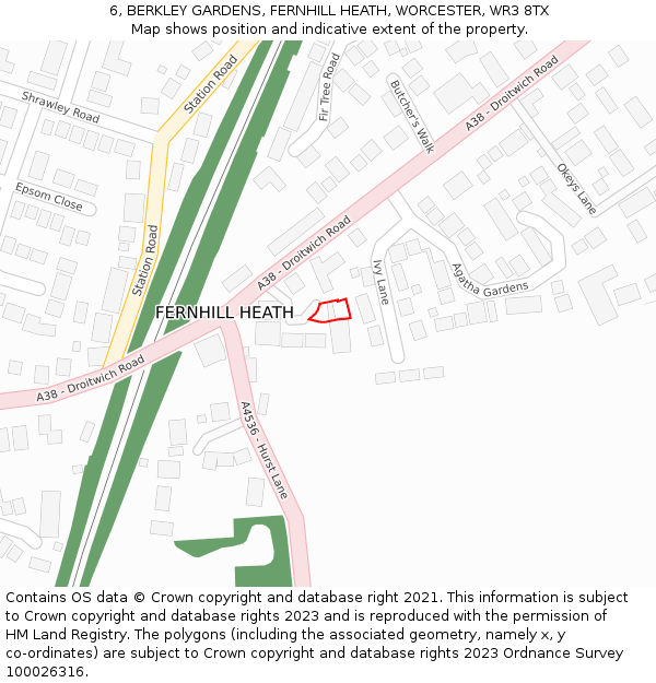 6, BERKLEY GARDENS, FERNHILL HEATH, WORCESTER, WR3 8TX: Location map and indicative extent of plot