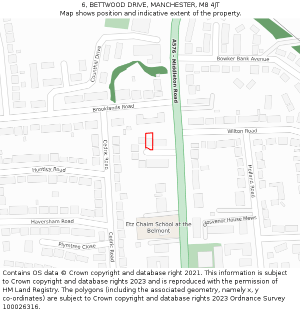 6, BETTWOOD DRIVE, MANCHESTER, M8 4JT: Location map and indicative extent of plot