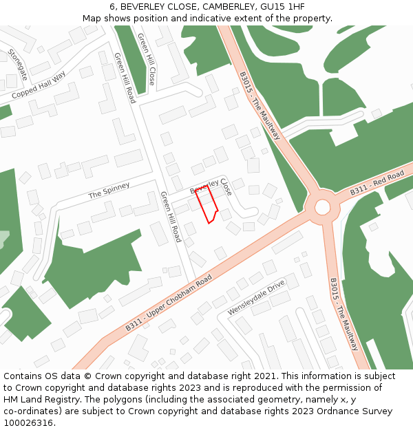 6, BEVERLEY CLOSE, CAMBERLEY, GU15 1HF: Location map and indicative extent of plot