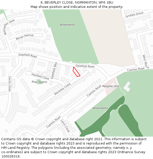 6, BEVERLEY CLOSE, NORMANTON, WF6 1BU: Location map and indicative extent of plot