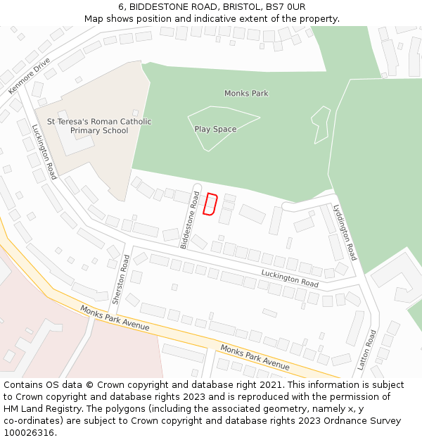 6, BIDDESTONE ROAD, BRISTOL, BS7 0UR: Location map and indicative extent of plot
