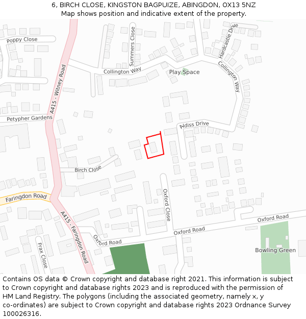 6, BIRCH CLOSE, KINGSTON BAGPUIZE, ABINGDON, OX13 5NZ: Location map and indicative extent of plot