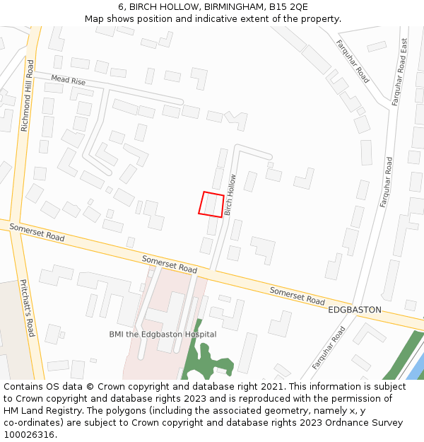6, BIRCH HOLLOW, BIRMINGHAM, B15 2QE: Location map and indicative extent of plot