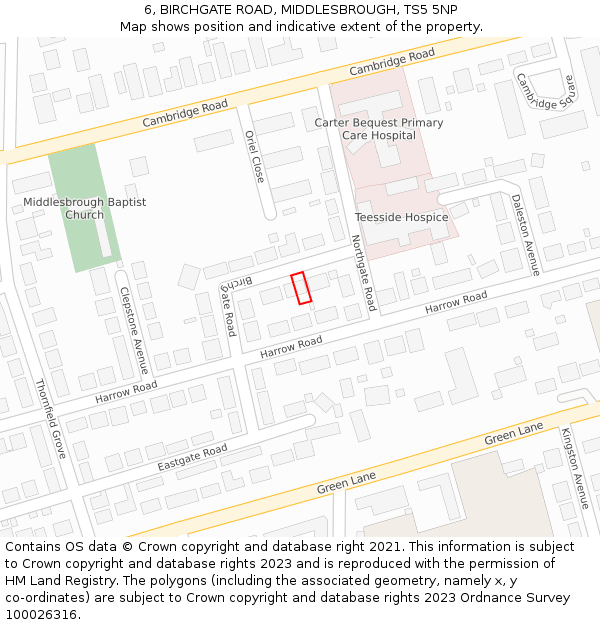 6, BIRCHGATE ROAD, MIDDLESBROUGH, TS5 5NP: Location map and indicative extent of plot