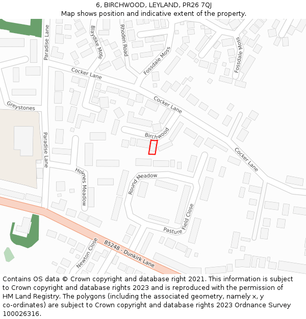 6, BIRCHWOOD, LEYLAND, PR26 7QJ: Location map and indicative extent of plot