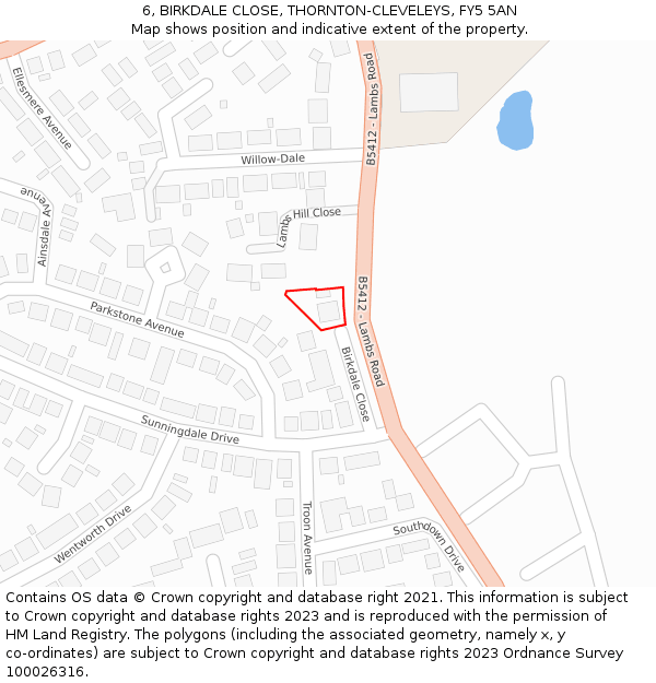 6, BIRKDALE CLOSE, THORNTON-CLEVELEYS, FY5 5AN: Location map and indicative extent of plot
