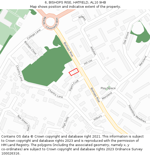 6, BISHOPS RISE, HATFIELD, AL10 9HB: Location map and indicative extent of plot