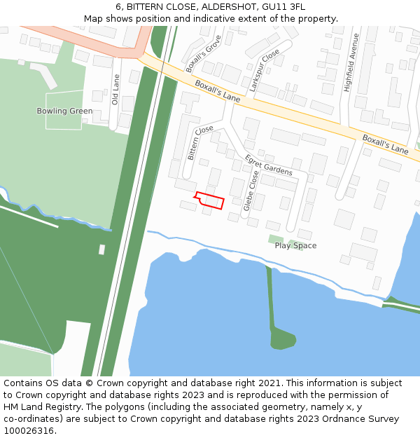 6, BITTERN CLOSE, ALDERSHOT, GU11 3FL: Location map and indicative extent of plot