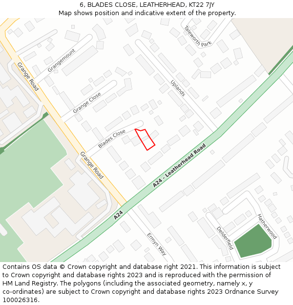 6, BLADES CLOSE, LEATHERHEAD, KT22 7JY: Location map and indicative extent of plot