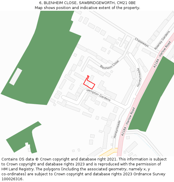 6, BLENHEIM CLOSE, SAWBRIDGEWORTH, CM21 0BE: Location map and indicative extent of plot
