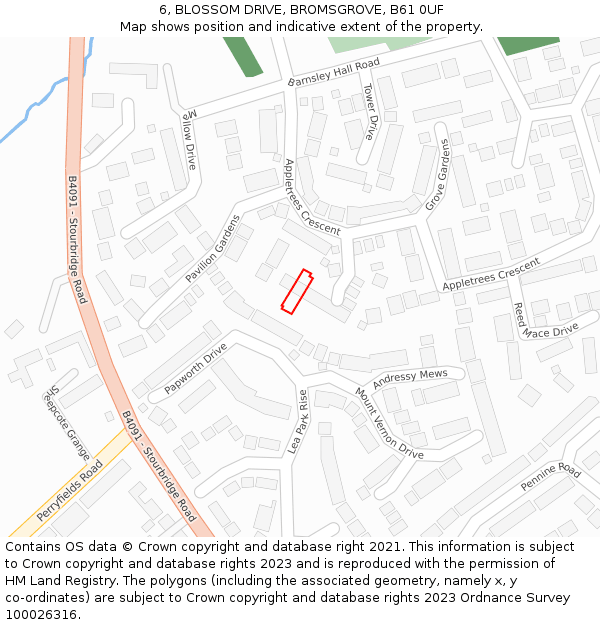 6, BLOSSOM DRIVE, BROMSGROVE, B61 0UF: Location map and indicative extent of plot