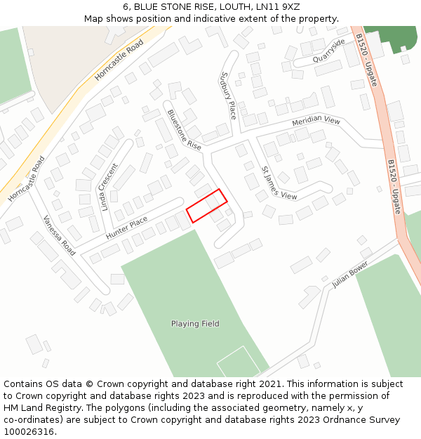 6, BLUE STONE RISE, LOUTH, LN11 9XZ: Location map and indicative extent of plot