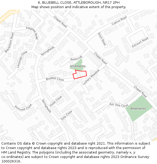 6, BLUEBELL CLOSE, ATTLEBOROUGH, NR17 2PH: Location map and indicative extent of plot