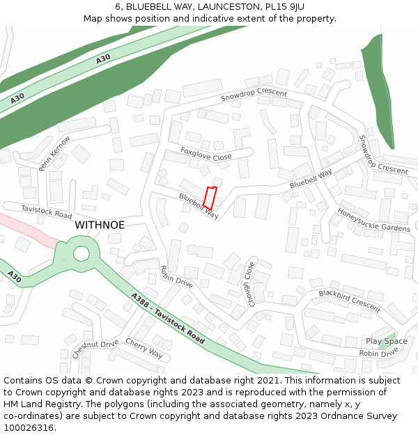 6, BLUEBELL WAY, LAUNCESTON, PL15 9JU: Location map and indicative extent of plot