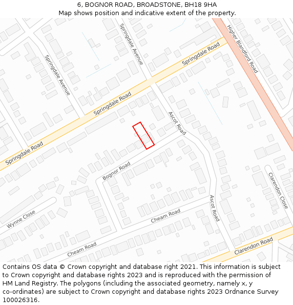 6, BOGNOR ROAD, BROADSTONE, BH18 9HA: Location map and indicative extent of plot
