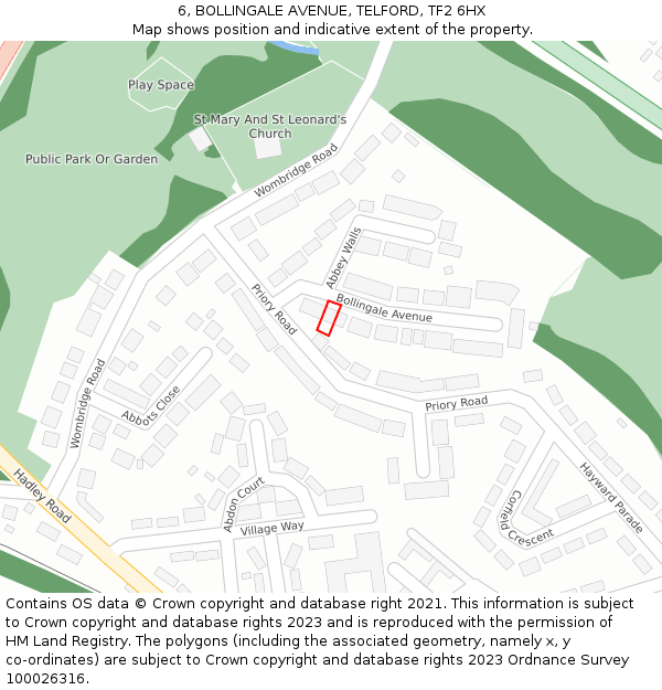 6, BOLLINGALE AVENUE, TELFORD, TF2 6HX: Location map and indicative extent of plot