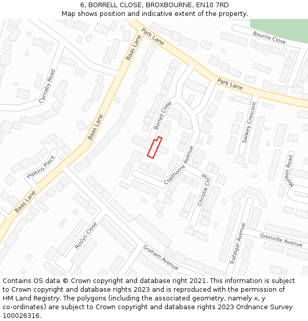 6, BORRELL CLOSE, BROXBOURNE, EN10 7RD: Location map and indicative extent of plot