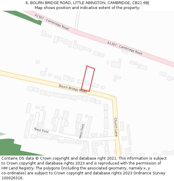 6, BOURN BRIDGE ROAD, LITTLE ABINGTON, CAMBRIDGE, CB21 6BJ: Location map and indicative extent of plot