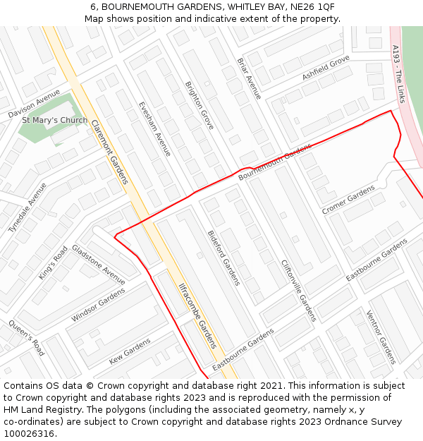 6, BOURNEMOUTH GARDENS, WHITLEY BAY, NE26 1QF: Location map and indicative extent of plot