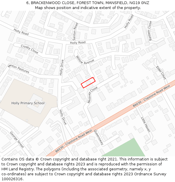 6, BRACKENWOOD CLOSE, FOREST TOWN, MANSFIELD, NG19 0NZ: Location map and indicative extent of plot