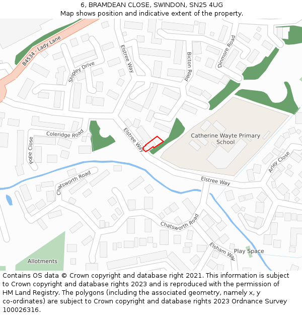 6, BRAMDEAN CLOSE, SWINDON, SN25 4UG: Location map and indicative extent of plot