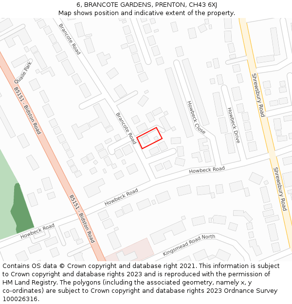 6, BRANCOTE GARDENS, PRENTON, CH43 6XJ: Location map and indicative extent of plot