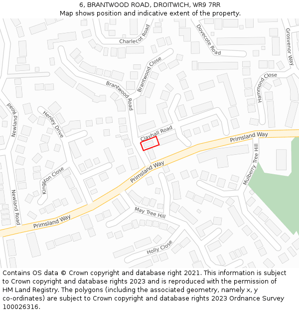 6, BRANTWOOD ROAD, DROITWICH, WR9 7RR: Location map and indicative extent of plot