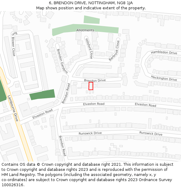 6, BRENDON DRIVE, NOTTINGHAM, NG8 1JA: Location map and indicative extent of plot