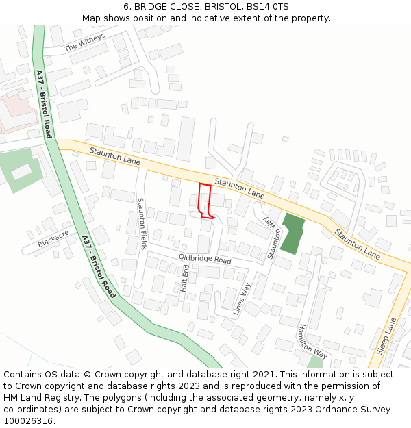 6, BRIDGE CLOSE, BRISTOL, BS14 0TS: Location map and indicative extent of plot