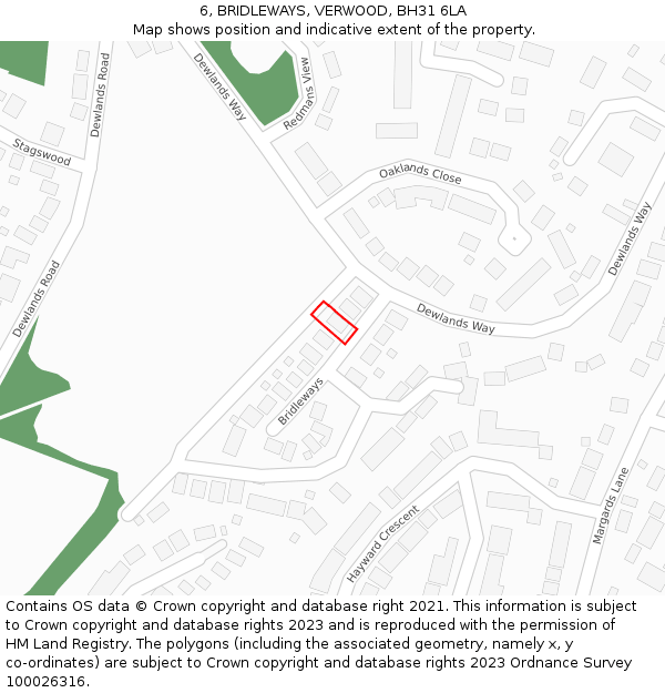 6, BRIDLEWAYS, VERWOOD, BH31 6LA: Location map and indicative extent of plot
