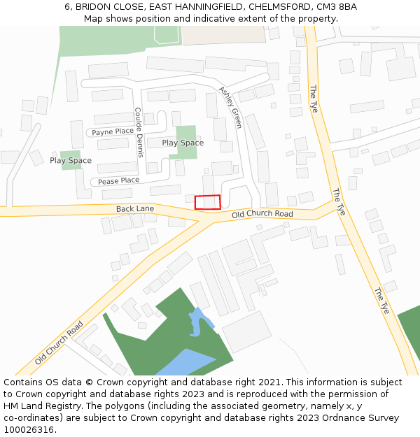 6, BRIDON CLOSE, EAST HANNINGFIELD, CHELMSFORD, CM3 8BA: Location map and indicative extent of plot