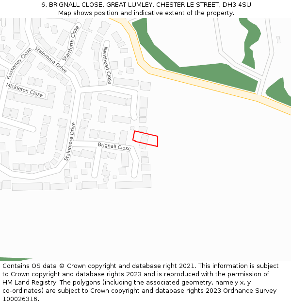 6, BRIGNALL CLOSE, GREAT LUMLEY, CHESTER LE STREET, DH3 4SU: Location map and indicative extent of plot