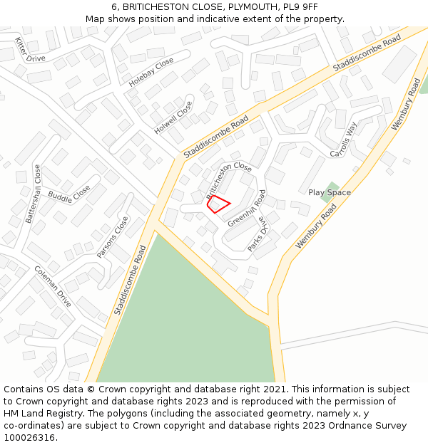 6, BRITICHESTON CLOSE, PLYMOUTH, PL9 9FF: Location map and indicative extent of plot