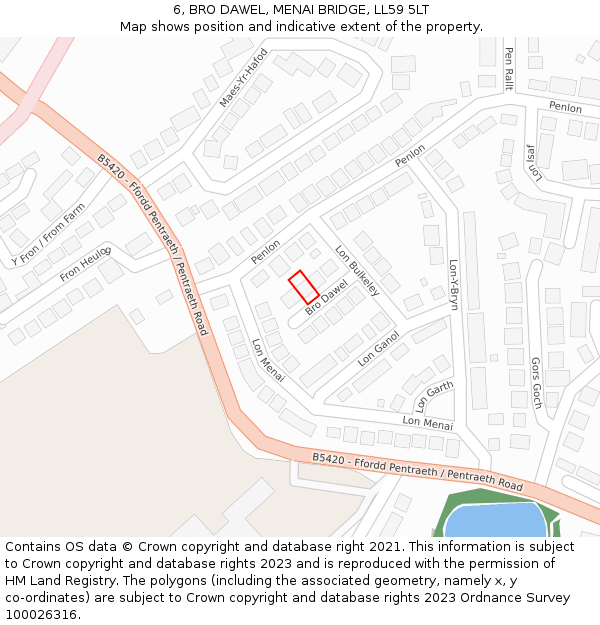 6, BRO DAWEL, MENAI BRIDGE, LL59 5LT: Location map and indicative extent of plot