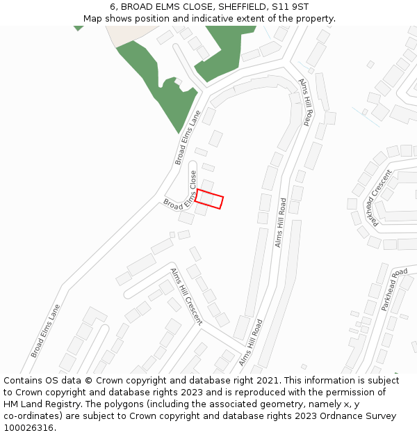 6, BROAD ELMS CLOSE, SHEFFIELD, S11 9ST: Location map and indicative extent of plot