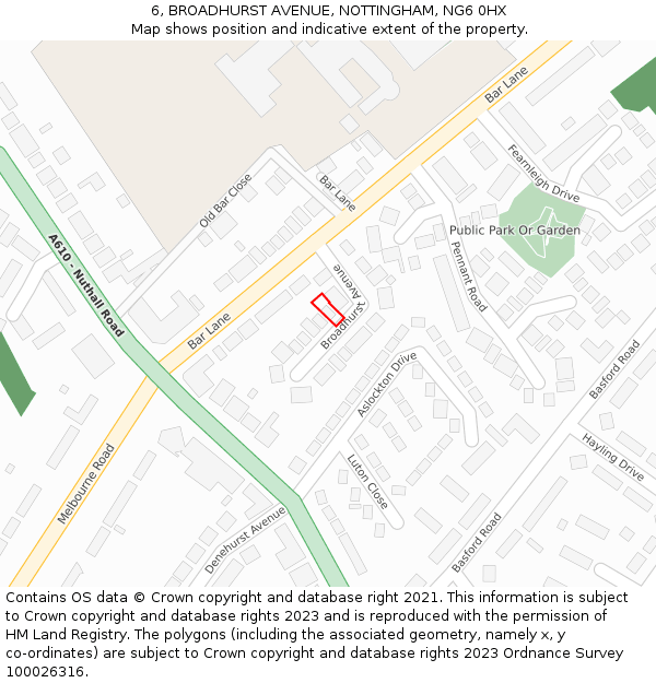 6, BROADHURST AVENUE, NOTTINGHAM, NG6 0HX: Location map and indicative extent of plot