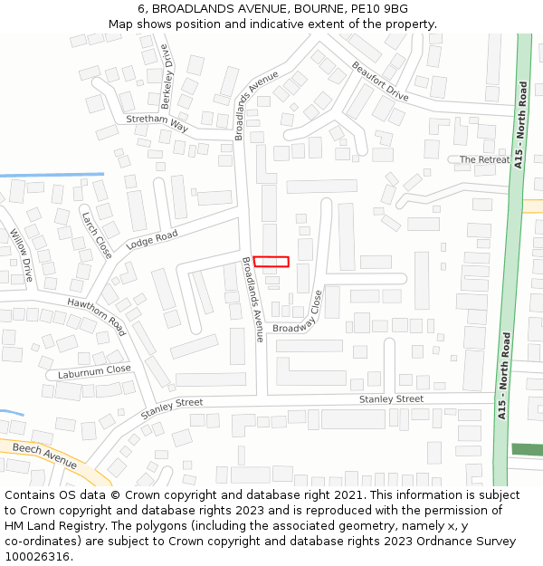 6, BROADLANDS AVENUE, BOURNE, PE10 9BG: Location map and indicative extent of plot