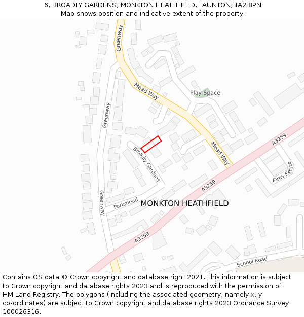 6, BROADLY GARDENS, MONKTON HEATHFIELD, TAUNTON, TA2 8PN: Location map and indicative extent of plot