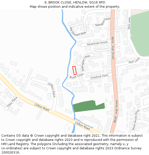 6, BROOK CLOSE, HENLOW, SG16 6PD: Location map and indicative extent of plot