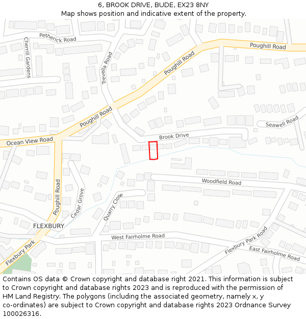 6, BROOK DRIVE, BUDE, EX23 8NY: Location map and indicative extent of plot