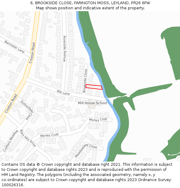 6, BROOKSIDE CLOSE, FARINGTON MOSS, LEYLAND, PR26 6PW: Location map and indicative extent of plot