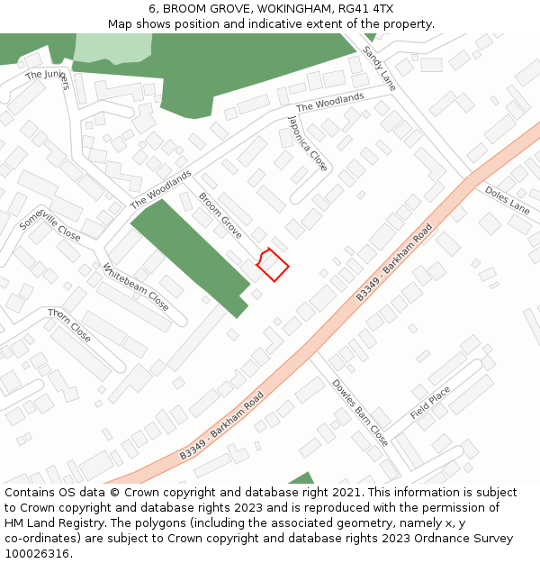 6, BROOM GROVE, WOKINGHAM, RG41 4TX: Location map and indicative extent of plot